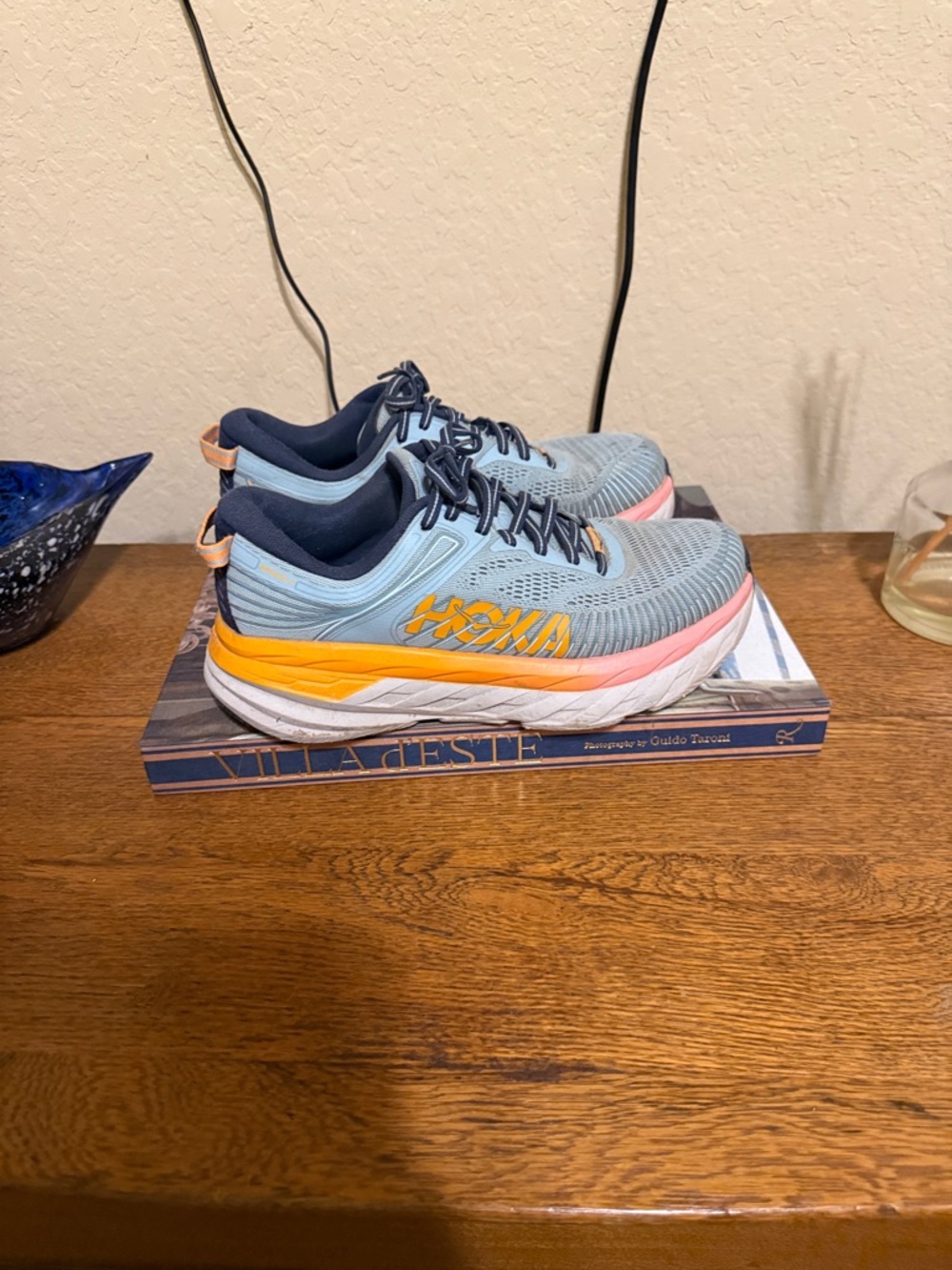 Hoka Light Blue Running Shoe with Yellow & Pink Accents - Picture 3 of 5